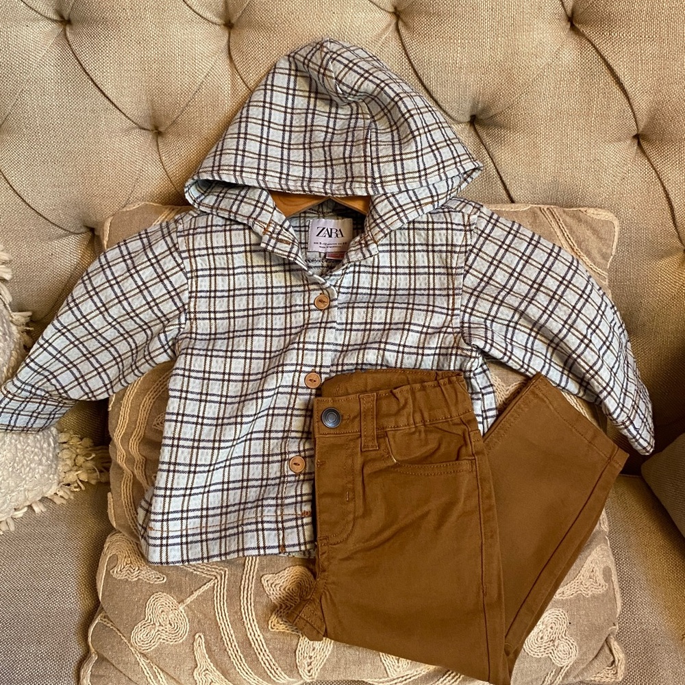 Toddler Zara Plaid Overshirt with Tan Pants